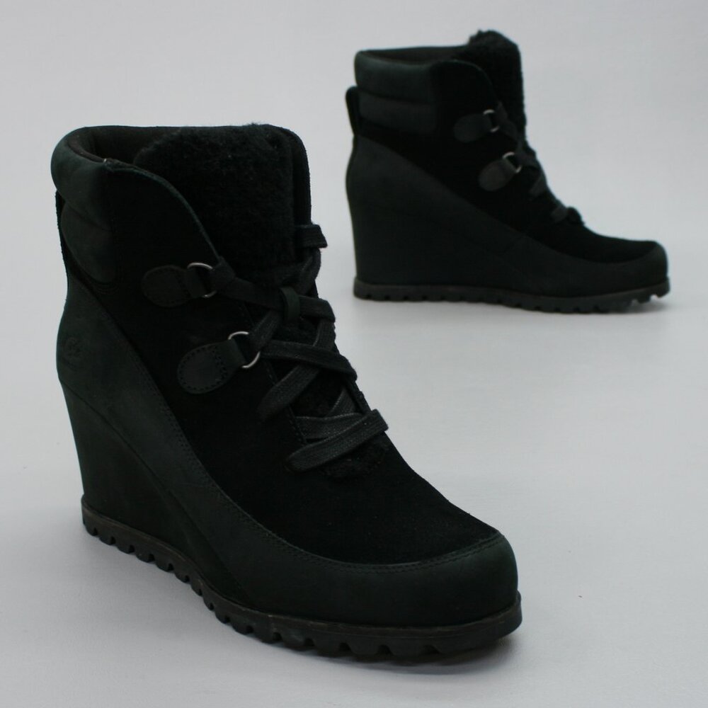 UGG Ladies 9.5 Valory Black Leather Boots Waterproof Ankle Wedge Booties 1103830